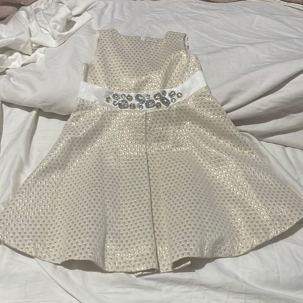 Gymboree 6 cream and golden dressy dress rhinestone belt attached lined euc